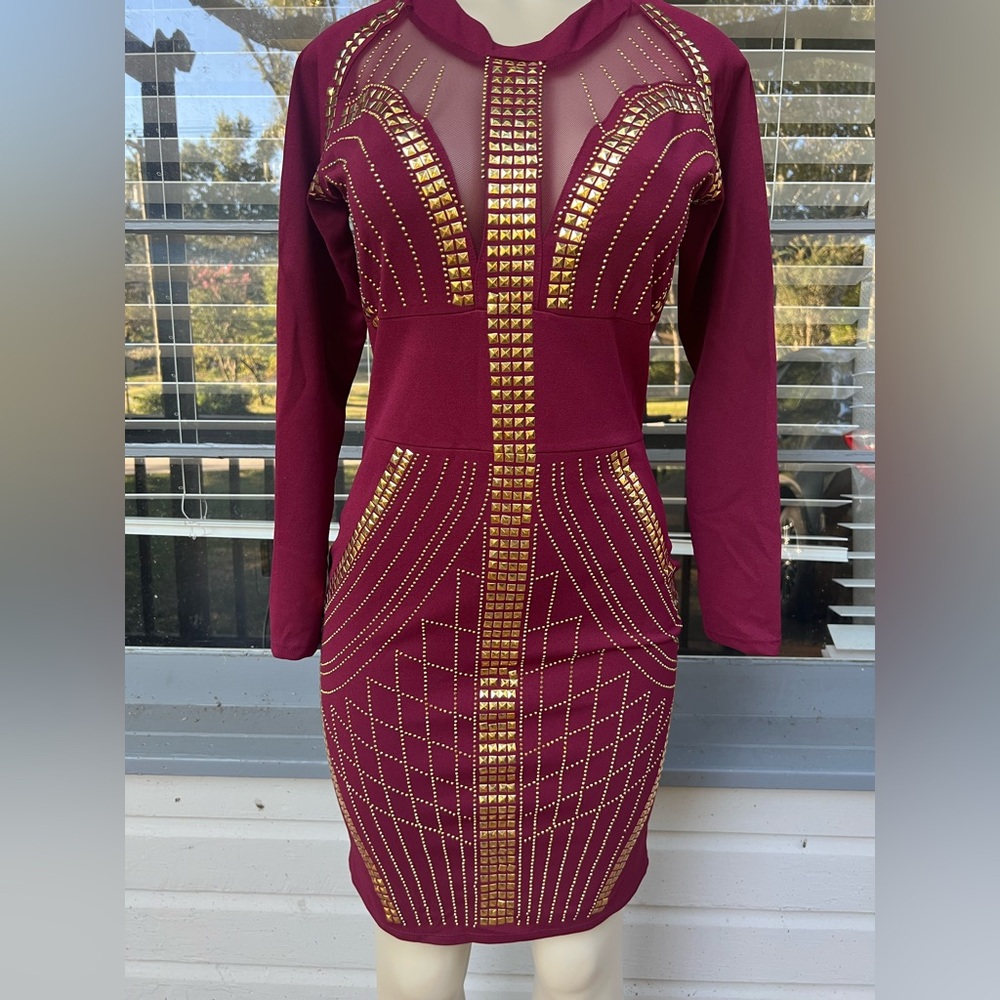 Elegant Burgundy and Gold Women's Dress